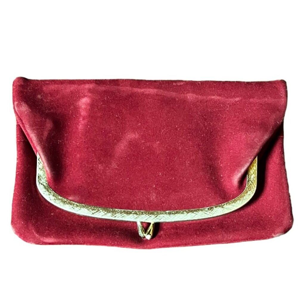 Vtg. 1950s Cranberry Red Velvet Foldover Clutch Purse w/Kiss Clasp & Chain Strap